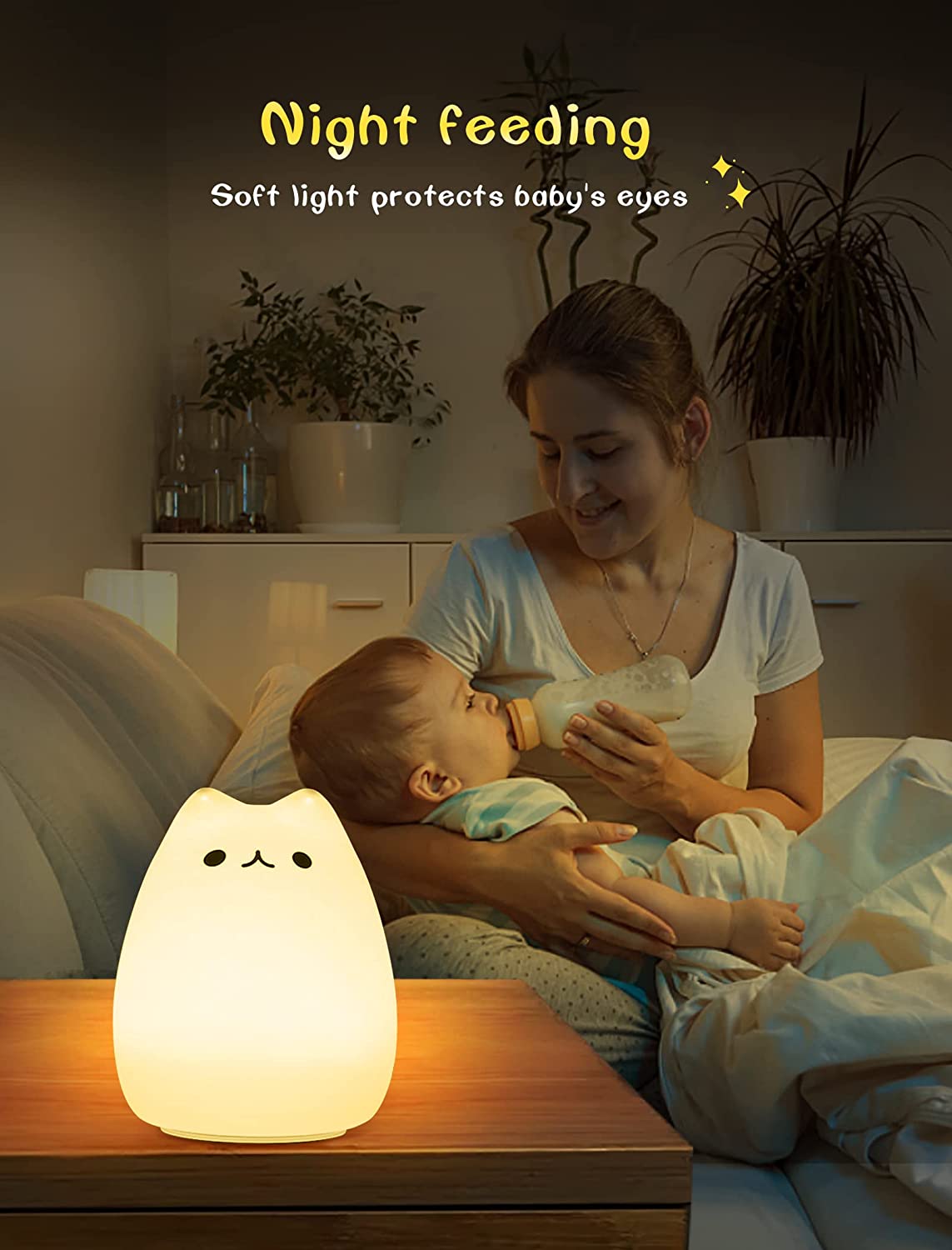 Cute Night Ligh for Kids, Cat Nursery Night Lights with Battery, 7 Color Table Lamp,Room Decor USB Rechargeable