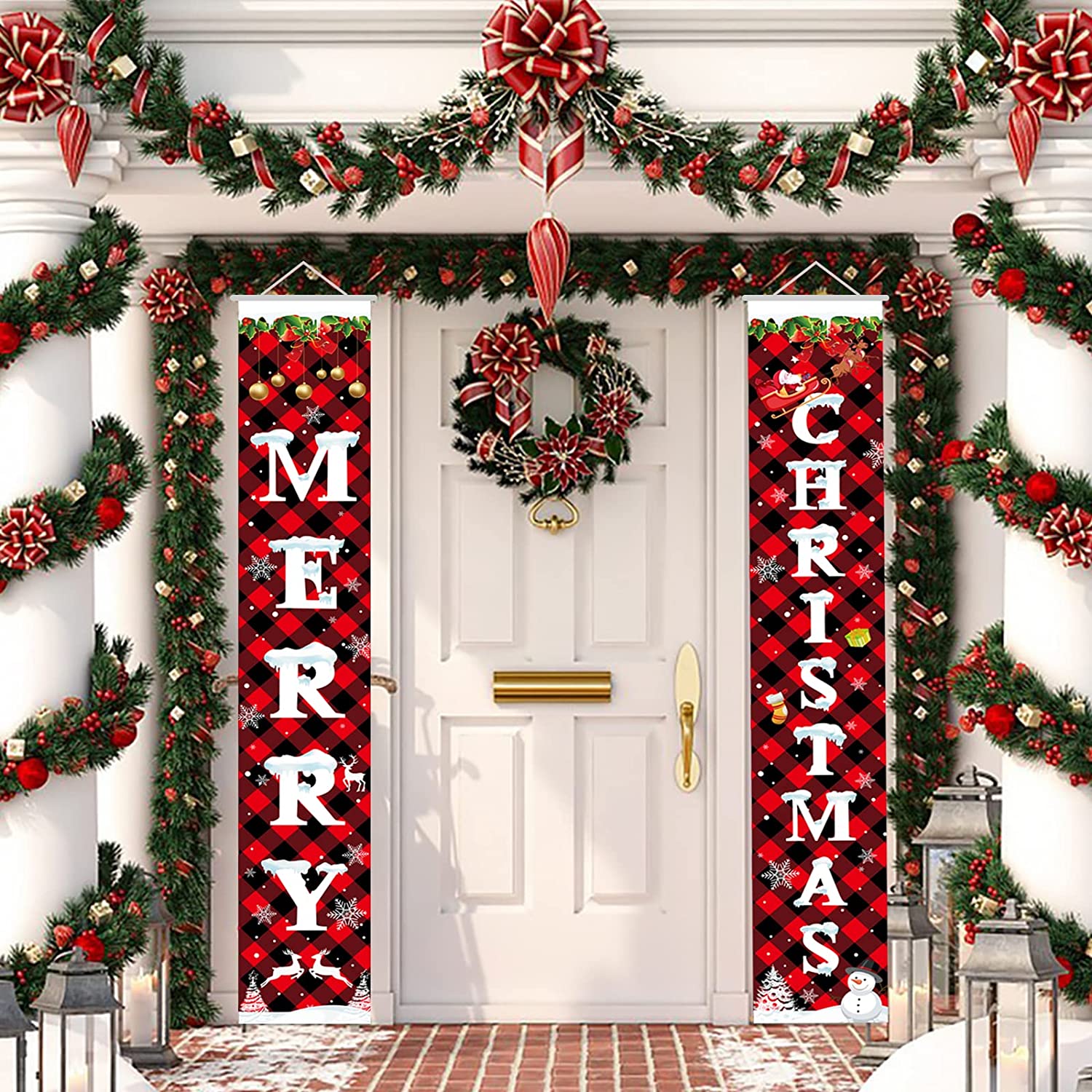 Christmas Porch Sign, Merry Christmas Banner Indoor Outdoor Christmas Decorations New Year Black Red Buffalo Plaid Hanging Banners