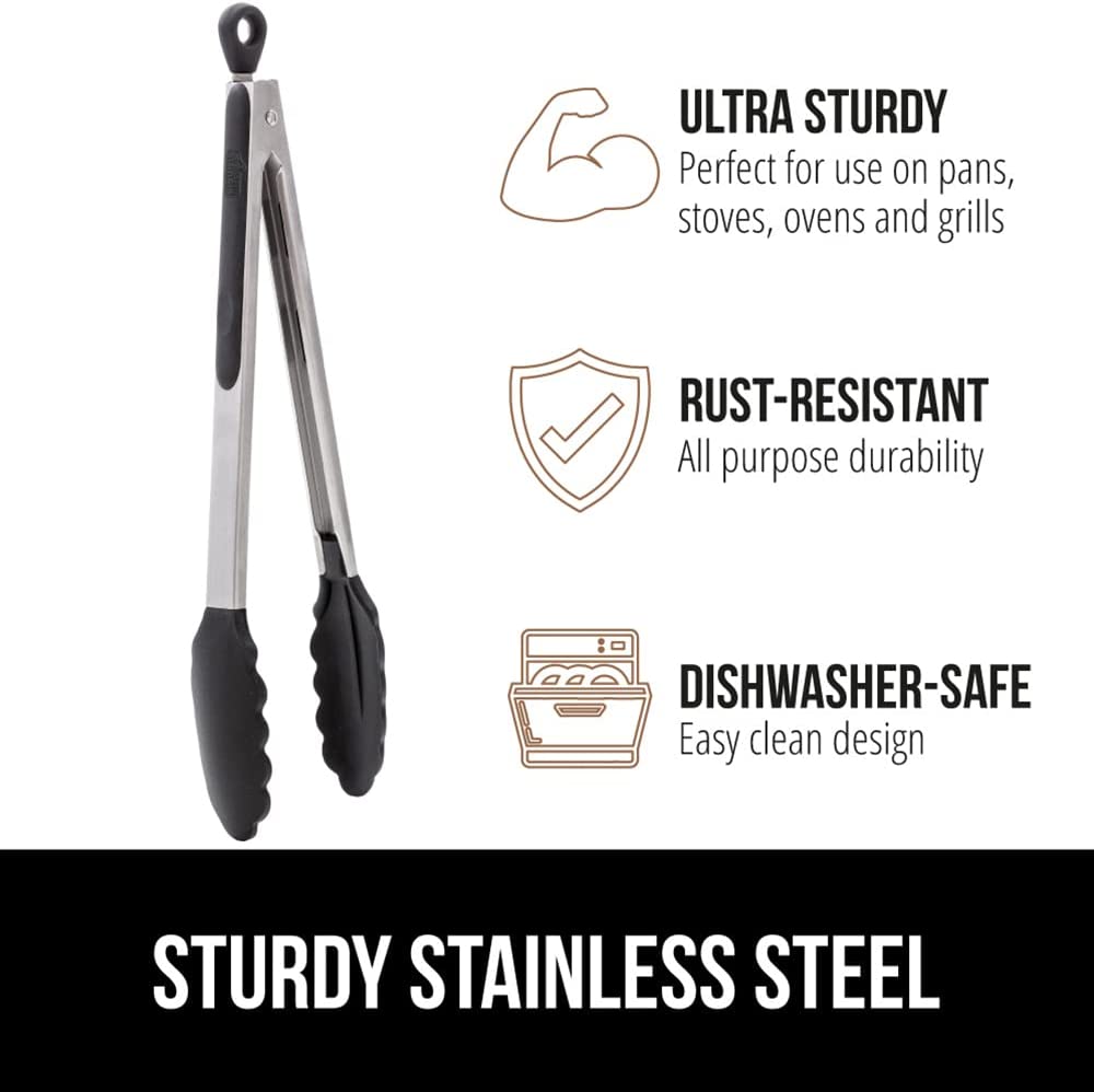 Stainless Steel Silicone Tongs for Cooking, Set of 2, Includes 9 and 12 Inch Locking Kitchen Tong, Heat Resistant Tip, Strong Grip for Meat, Perfect for Nonstick Pans, BBQ, Black