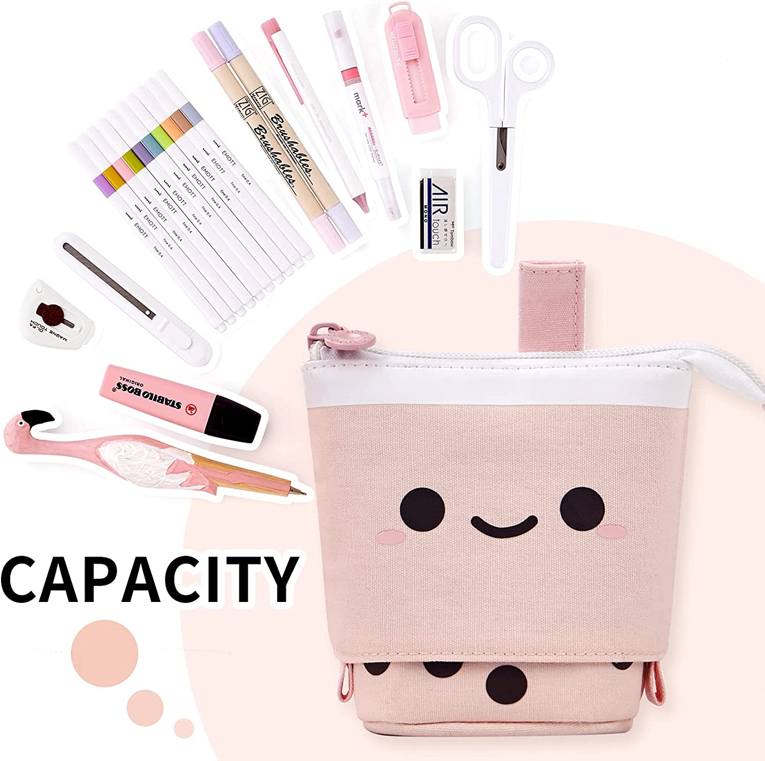 Standing Pencil Case Cute Telescopic Pen Holder Stationery Pouch Makeup Cosmetics Bag for School Students Office Women Teens Girls Boys (Pink)