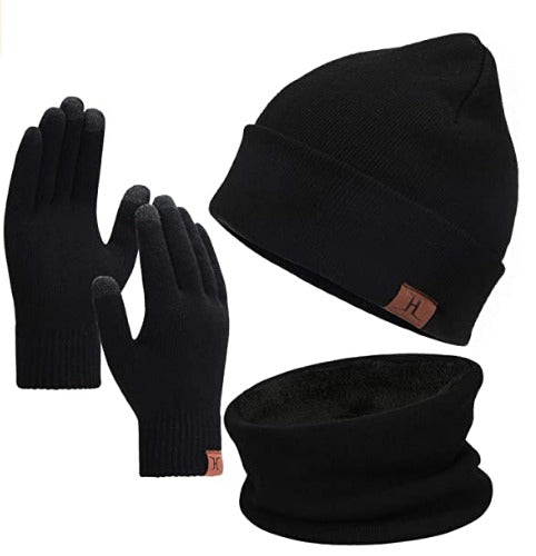 Winter Beanie Hat Scarf Touchscreen Gloves neck warmer Set Black, Soft Skull Cap Gloves Set for Men and Women with Warm Knit Fleece Lined