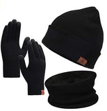 Winter Beanie Hat Scarf Touchscreen Gloves neck warmer Set Black, Soft Skull Cap Gloves Set for Men and Women with Warm Knit Fleece Lined