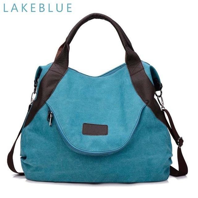 Casual Women's Canvas Leather Shoulder Handbag Evofine Lake blue-large 