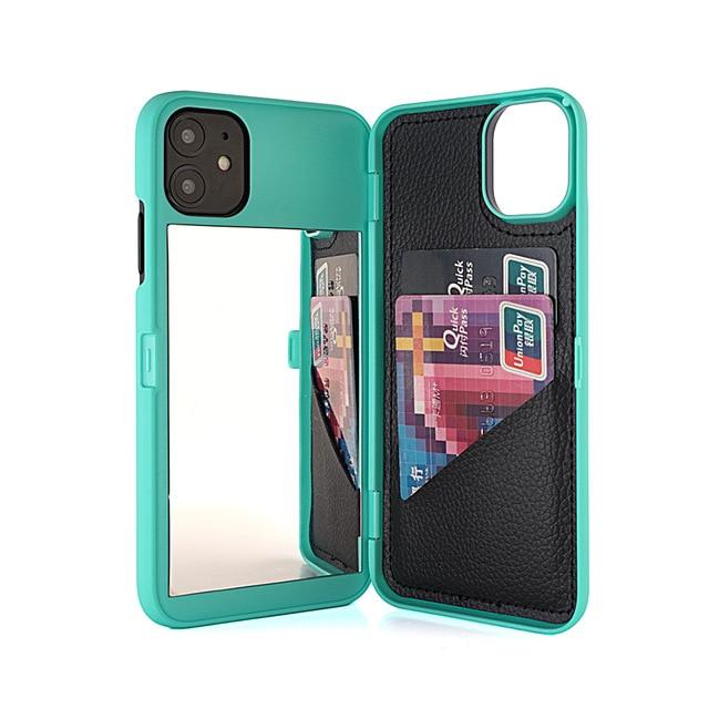 Wallet Make Up Mirror, Blocking Large Capacity Luxury Case for iPhone SE2 XS Max XR X 6 6S 7 8 Plus 11 Pro Max phone Case EvoFine for 7Plus 8Plus Teal 