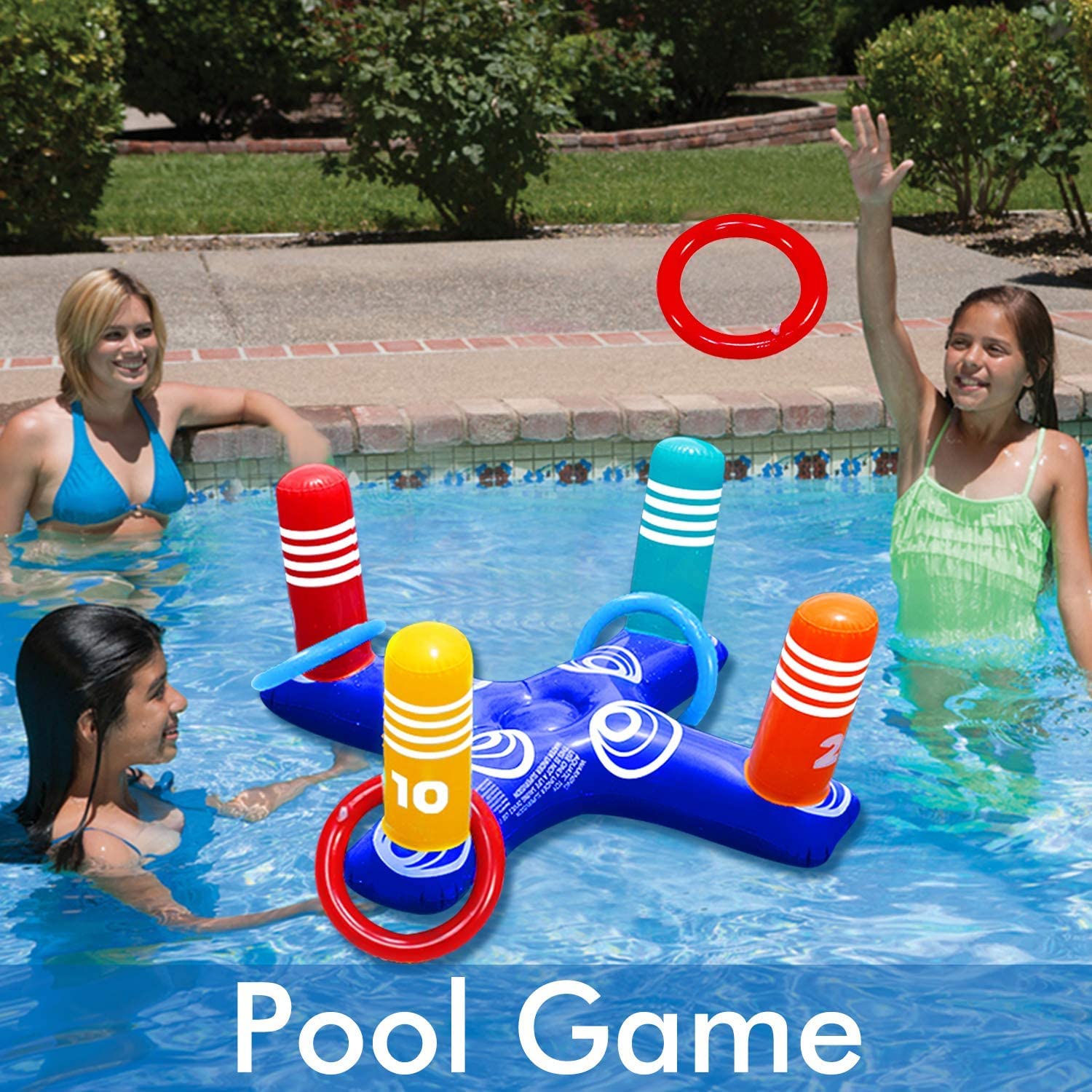Inflatable Pool Ring Toss Pool Game Toys, Floating Swimming Pool Ring with 4 Pcs Rings